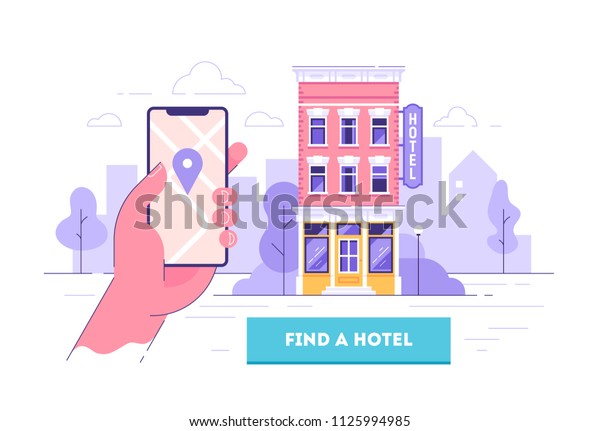 ホテルの検索と予約のデザインコンセプト ホテルビルの詳細な予約申し込みインターフェイス スマートフォンを持つ手 ベクターイラスト のベクター画像素材 ロイヤリティフリー