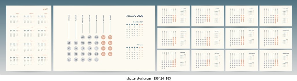 Design concept  and idea of calendar for 2020. Set of 12 months corporate and business template design. Clean and a simple stationary template.  Printable creative template design.  Starts on Monday.