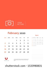 Design concept and idea layout February 2020 wall calendar stationary template. Corporate and business template design. Orange color and minimalistic style. Vector illustration. Isolated background.