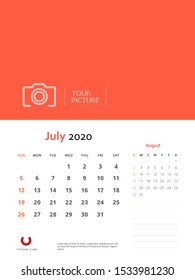 Design concept and idea layout July 2020 wall calendar stationary template. Corporate and business template design. Orange color and minimalistic style. Vector illustration. Isolated background.