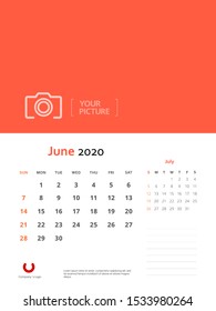 Design concept and idea layout June 2020 wall calendar stationary template. Corporate and business template design. Orange color and minimalistic style. Vector illustration. Isolated background.