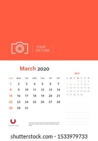 Design concept and idea layout March 2020 wall calendar stationary template. Corporate and business template design. Orange color and minimalistic style. Vector illustration. Isolated background.