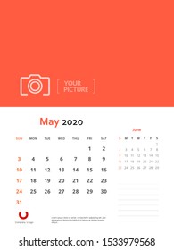 Design concept and idea layout May 2020 wall calendar stationary template. Corporate and business template design. Orange color and minimalistic style. Vector illustration. Isolated background.