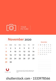 Design concept and idea layout November 2020 wall calendar stationary template. Corporate and business template design. Orange color and minimalistic style. Vector illustration. Isolated background.