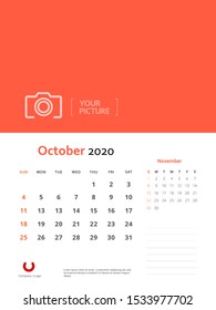 Design concept and idea layout October 2020 wall calendar stationary template. Corporate and business template design. Orange color and minimalistic style. Vector illustration. Isolated background.