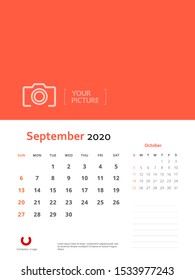 Design concept and idea layout September 2020 wall calendar stationary template. Corporate and business template design. Orange color and minimalistic style. Vector illustration. Isolated background.