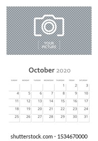 Design concept and idea vertical layout October 2020 wall calendar stationary design template. Corporate and business template design. Monthly planner. Clean and a simple style stationary template.