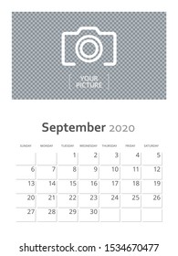 Design concept and idea vertical layout September 2020 wall calendar stationary design template. Corporate and business template design. Monthly planner. Clean and a simple style stationary template.