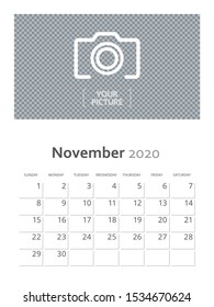 Design concept and idea vertical layout November 2020 wall calendar stationary design template. Corporate and business template design. Monthly planner. Clean and a simple style stationary template.