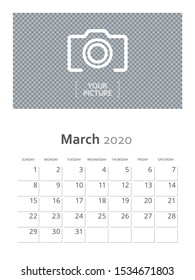 Design concept and idea vertical layout March 2020 wall calendar stationary design template. Corporate and business template design. Monthly planner. Clean and a simple style stationary template.