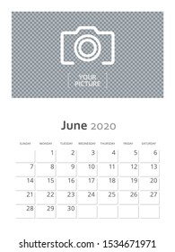 Design concept and idea vertical layout June 2020 wall calendar stationary design template. Corporate and business template design. Monthly planner. Clean and a simple style stationary template.