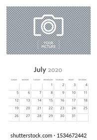 Design concept and idea vertical layout July 2020 wall calendar stationary design template. Corporate and business template design. Monthly planner. Clean and a simple style stationary template.