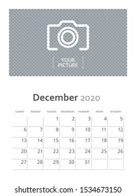 Design concept and idea vertical layout December 2020 wall calendar stationary design template. Corporate and business template design. Monthly planner. Clean and a simple style stationary template.