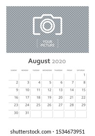 Design concept and idea vertical layout August 2020 wall calendar stationary design template. Corporate and business template design. Monthly planner. Clean and a simple style stationary template.