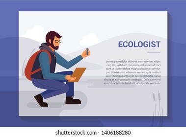 Design concept with an illustration of a bearded man in glasses and with a backpack, ecologist in nature, who takes samples from the reservoir. There is a place for text.