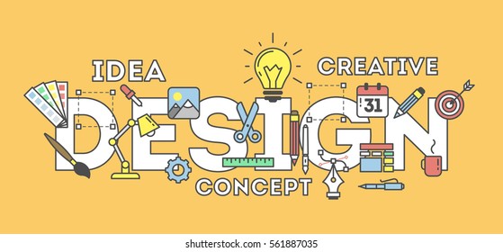Design concept illustration on blue. Idea of making creative products. Design word with many icons as calendar, light bulb, pencils and more.