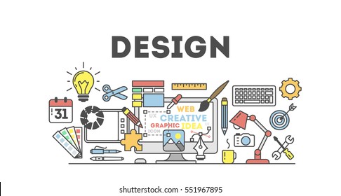 Design concept illustration on white. Idea of making design products. Design word with many icons as calendar, light bulb, pencils and more.