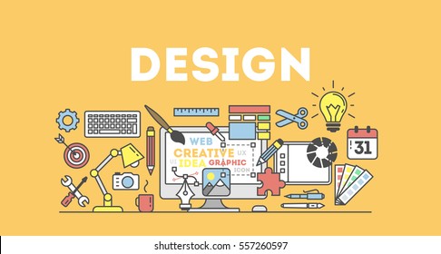 Design concept illustration on white. Idea of making design products. Design word with many icons as calendar, light bulb, pencils and more.