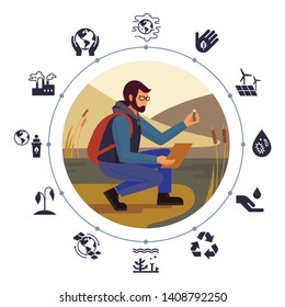 The design concept with the image of a bearded man in glasses and with a backpack ecologist in nature, who takes samples from the tank with a set of icons in a flat style on the theme of ecology.