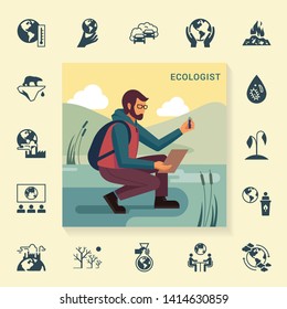 The design concept with the image of a bearded man in glasses and with a backpack ecologist in nature, who takes samples from the tank with a set of icons in a linear style on the theme of ecology.