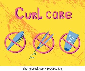 Design concept of infographic for curly girl method. Cosmetic and accessorise not recommended for curly hair.