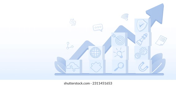 The design concept involves symbolic boxes that represent growth and creativity, upward arrow pointing towards the top. Inside the box, creative thinking, growth and success.