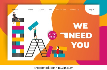 Design concept landing page for Recruitment. Modern flat mobile website page. People play teamwork game. Button with text We need you.  Vector illustration for recruit poster, banner, flyer template