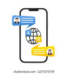 Design concept language translate. Chat message on mobile translate application. Translator app. Online translator in mobile phone. Language translator, dictionary, bot translator. Vector illustration