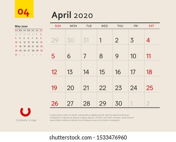 Design concept layout April 2020 calendar stationary design template. Corporate and business template design. Week starts on Sunday. Vector illustration. Isolated background.