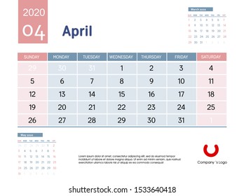 Design concept layout April 2020 calendar stationary design template. Corporate and business template design. Blue and pink color calendar. Week starts on Sunday. Vector illustration. Isolated.