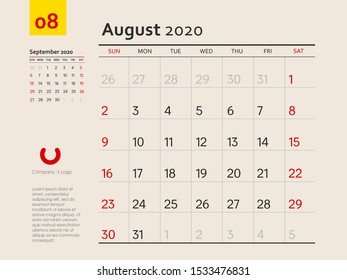 Design concept layout August 2020 calendar stationary design template. Corporate and business template design. Week starts on Sunday. Vector illustration. Isolated background.