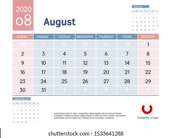 Design concept layout August 2020 calendar stationary design template. Corporate and business template design. Blue and pink color calendar. Week starts on Sunday. Vector illustration. Isolated.