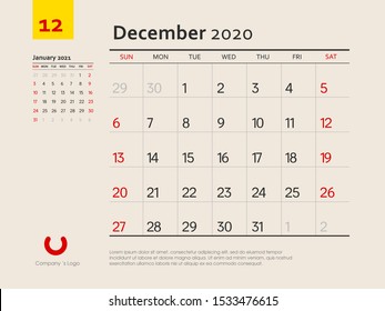 Design concept layout December 2020 calendar stationary design template. Corporate and business template design. Week starts on Sunday. Vector illustration. Isolated background.