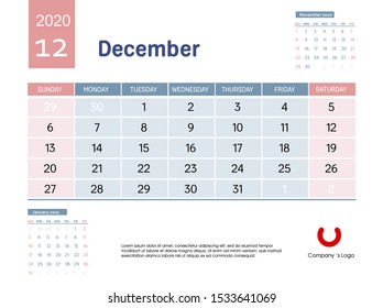 Design concept layout December 2020 calendar stationary design template. Corporate and business template design. Blue and pink color calendar. Week starts on Sunday. Vector illustration. Isolated.