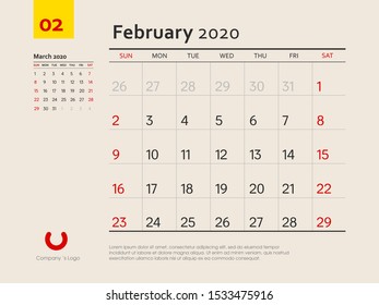 Design concept layout February 2020 calendar stationary design template. Corporate and business template design. Week starts on Sunday. Vector illustration. Isolated background.