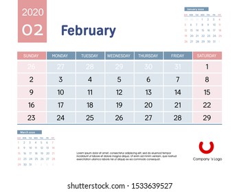 Design concept layout February 2020 calendar stationary design template. Corporate and business template design. Blue and pink color calendar. Week starts on Sunday. Vector illustration. Isolated.