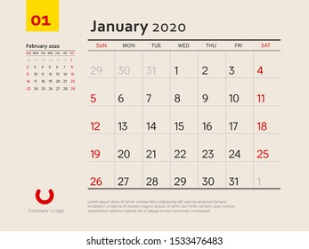 Design concept layout January 2020 calendar stationary design template. Corporate and business template design. Week starts on Sunday. Vector illustration. Isolated background.