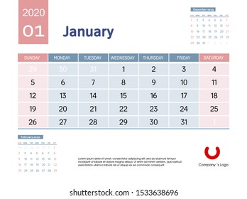 Design concept layout January 2020 calendar stationary design template. Corporate and business template design. Blue and pink color calendar. Week starts on Sunday. Vector illustration. Isolated.