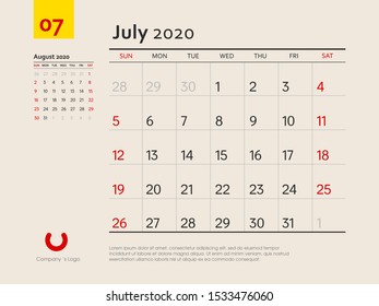 Design concept layout July 2020 calendar stationary design template. Corporate and business template design. Week starts on Sunday. Vector illustration. Isolated background.