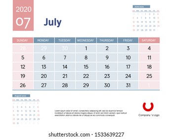 Design concept layout July 2020 calendar stationary design template. Corporate and business template design. Blue and pink color calendar. Week starts on Sunday. Vector illustration. Isolated.