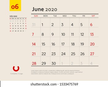 Design concept layout June 2020 calendar stationary design template. Corporate and business template design. Week starts on Sunday. Vector illustration. Isolated background.