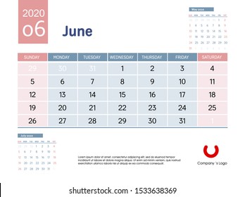 Design concept layout June 2020 calendar stationary design template. Corporate and business template design. Blue and pink color calendar. Week starts on Sunday. Vector illustration. Isolated.