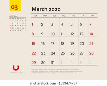 Design concept layout March 2020 calendar stationary design template. Corporate and business template design. Week starts on Sunday. Vector illustration. Isolated background.