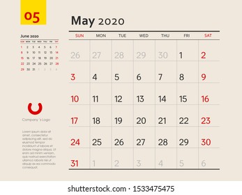 Design concept layout May 2020 calendar stationary design template. Corporate and business template design. Week starts on Sunday. Vector illustration. Isolated background.