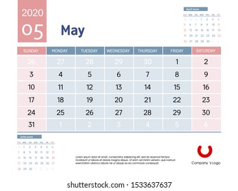 Design concept layout May 2020 calendar stationary design template. Corporate and business template design. Blue and pink color calendar. Week starts on Sunday. Vector illustration. Isolated.