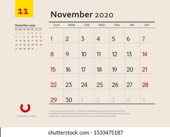 Design concept layout November 2020 calendar stationary design template. Corporate and business template design. Week starts on Sunday. Vector illustration. Isolated background.