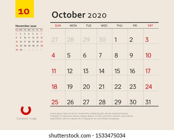 Design concept layout October 2020 calendar stationary design template. Corporate and business template design. Week starts on Sunday. Vector illustration. Isolated background.