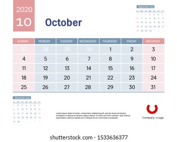 Design concept layout Octoberl 2020 calendar stationary design template. Corporate and business template design. Blue and pink color calendar. Week starts on Sunday. Vector illustration. Isolated.