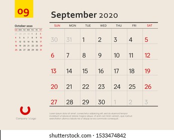 Design concept layout September 2020 calendar stationary design template. Corporate and business template design. Week starts on Sunday. Vector illustration. Isolated background.