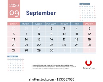 Design concept layout September 2020 calendar stationary design template. Corporate and business template design. Blue and pink color calendar. Week starts on Sunday. Vector illustration. Isolated.